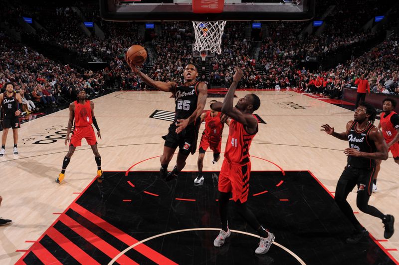 PORTLAND, OR - FEBRUARY 8: Marcus Sasser #25 of the Detroit Pistons shoots the ball during the game against the Portland Trail Blazers on February 8, 2024 at the Moda Center Arena in Portland, Oregon. NOTE TO USER: User expressly acknowledges and agrees that, by downloading and or using this photograph, user is consenting to the terms and conditions of the Getty Images License Agreement. Mandatory Copyright Notice: Copyright 2024 NBAE (Photo by Cameron Browne/NBAE via Getty Images)