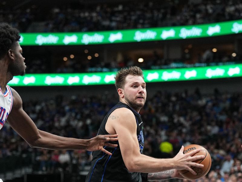 DALLAS, TX - MARCH 3: Luka Doncic #77 of the Dallas Mavericks handles the ball during the game against the Philadelphia 76ers on March 3, 2024 at the American Airlines Center in Dallas, Texas. NOTE TO USER: User expressly acknowledges and agrees that, by downloading and or using this photograph, User is consenting to the terms and conditions of the Getty Images License Agreement. Mandatory Copyright Notice: Copyright 2024 NBAE (Photo by Glenn James/NBAE via Getty Images)