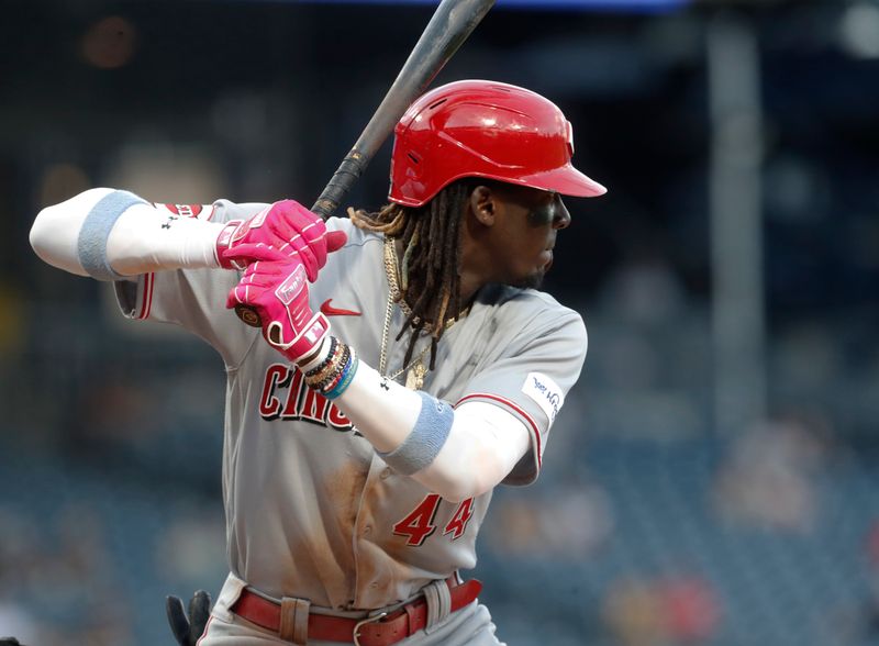 Aug 13, 2023; Pittsburgh, PA, USA; Cincinnati Reds shortstop Elly De La Cruz (44) at bat against the Pittsburgh Pirates during the fifth inning at PNC Park. Mandatory Credit: Charles LeClaire-USA TODAY Sports