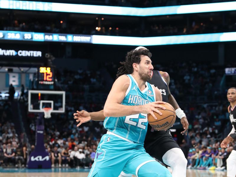 CHARLOTTE, NC - MARCH 31:  Vasilije Micic #22 of the Charlotte Hornets  drives to the basket during the game against the LA Clippers on March 31, 2024 at Spectrum Center in Charlotte, North Carolina. NOTE TO USER: User expressly acknowledges and agrees that, by downloading and or using this photograph, User is consenting to the terms and conditions of the Getty Images License Agreement.  Mandatory Copyright Notice:  Copyright 2024 NBAE (Photo by Brock Williams-Smith/NBAE via Getty Images)