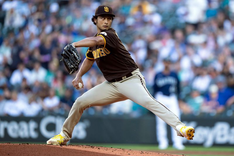 Aug 9, 2023; Seattle, Washington, USA; San Diego Padres starter Yu Darvish (11) delivers a pitch during the first inning at T-Mobile Park. Mandatory Credit: Stephen Brashear-USA TODAY Sports