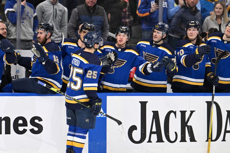 Jan 28, 2024; St. Louis, Missouri, USA; St. Louis Blues center Jordan Kyrou (25) is congratulated by teammates after scoring a goal against the Los Angeles Kings during the second period at Enterprise Center. Mandatory Credit: Jeff Le-USA TODAY Sports