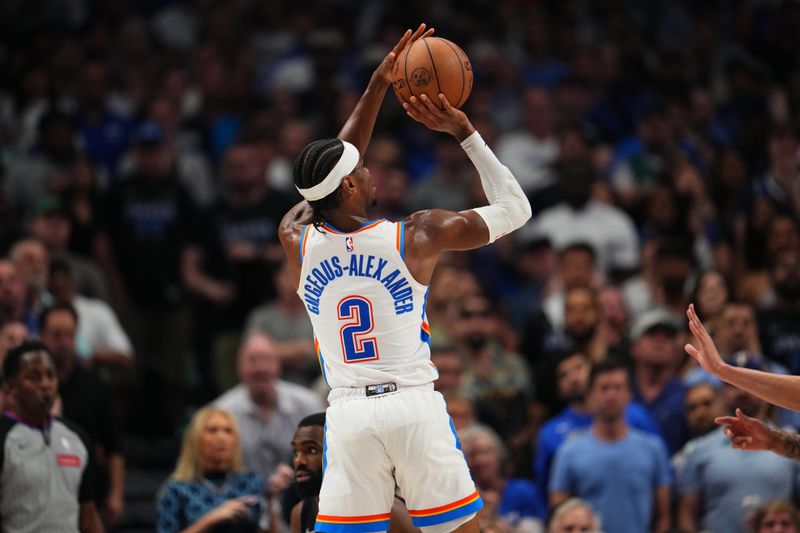 DALLAS, TX - MAY 18: Shai Gilgeous-Alexander #2 of the Oklahoma City Thunder shoots the ball during the game against the Dallas Mavericks during Round 2 Game 6 of the 2024 NBA Playoffs on May 18, 2024 at the American Airlines Center in Dallas, Texas. NOTE TO USER: User expressly acknowledges and agrees that, by downloading and or using this photograph, User is consenting to the terms and conditions of the Getty Images License Agreement. Mandatory Copyright Notice: Copyright 2024 NBAE (Photo by Cooper Neill/NBAE via Getty Images)