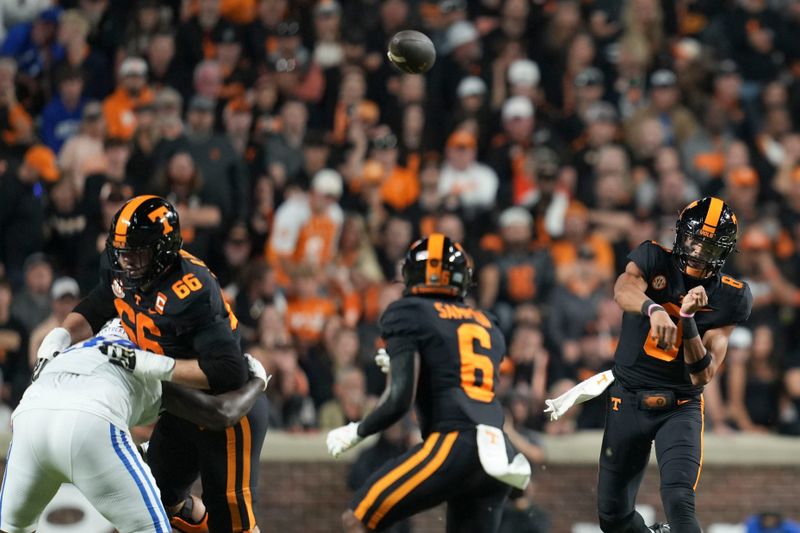 Nov 2, 2024; Knoxville, Tennessee, USA; Tennessee Volunteers quarterback Nico Iamaleava (8) throws a pass against the Kentucky Wildcats during the first half at Neyland Stadium. Mandatory Credit: Angelina Alcantar/USA TODAY Network via Imagn Images
