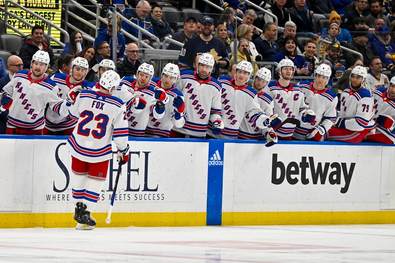 Jan 11, 2024; St. Louis, Missouri, USA;  New York Rangers defenseman Adam Fox (23) is congratulated by teammates  after scoring against the St. Louis Blues during the first period at Enterprise Center. Mandatory Credit: Jeff Curry-USA TODAY Sports