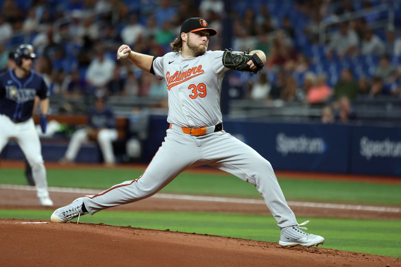 Jun 10, 2024; St. Petersburg, Florida, USA;  Baltimore Orioles pitcher Corbin Burnes (39) throws a pitch against the Tampa Bay Rays during the first inning at Tropicana Field. Mandatory Credit: Kim Klement Neitzel-USA TODAY Sports