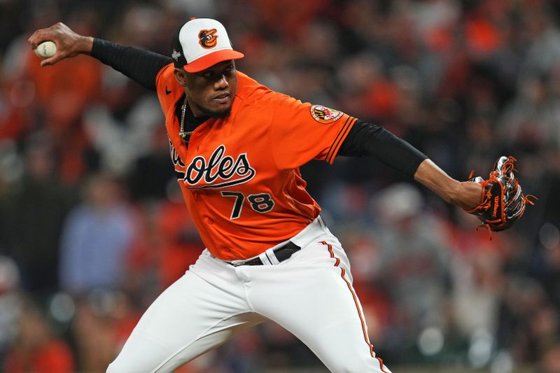 Oct 8, 2023; Baltimore, Maryland, USA; Baltimore Orioles relief pitcher Yennier Cano (78) pitches during the ninth inning against the Texas Rangers during game two of the ALDS for the 2023 MLB playoffs at Oriole Park at Camden Yards. Mandatory Credit: Mitch Stringer-USA TODAY Sports