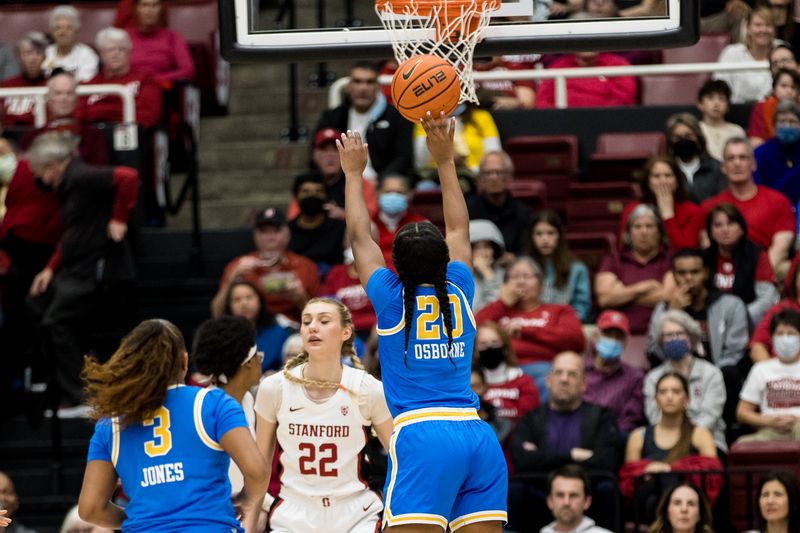 Feb 20, 2023; Stanford, California, USA;  UCLA Bruins guard Charisma Osborne (20) shoots against the Stanford Cardinal during the first half at Maples Pavilion. Mandatory Credit: John Hefti-USA TODAY Sports