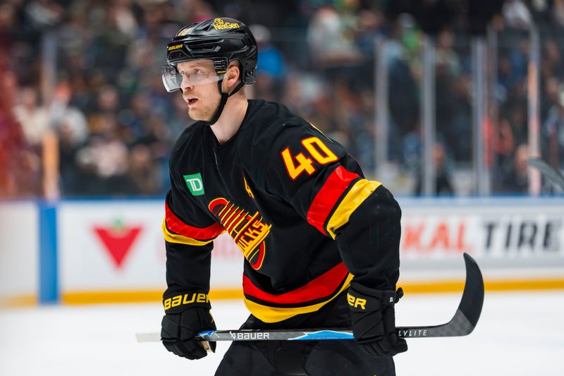 Mar 17, 2026; Vancouver, British Columbia, CAN; Vancouver Canucks forward Elias Pettersson (40) during a stop in play against the Florida Panthers in the second period at Rogers Arena. Mandatory Credit: Bob Frid-Imagn Images