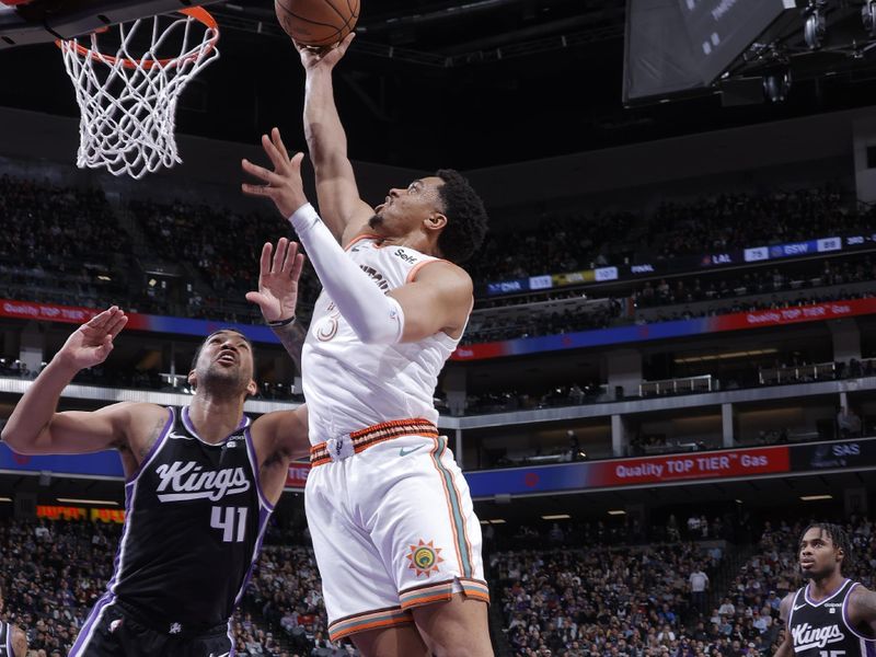 SACRAMENTO, CA - FEBRUARY 22: Keldon Johnson #3 of the San Antonio Spurs drives to the basket during the game against the Sacramento Kings on February 22, 2024 at Golden 1 Center in Sacramento, California. NOTE TO USER: User expressly acknowledges and agrees that, by downloading and or using this Photograph, user is consenting to the terms and conditions of the Getty Images License Agreement. Mandatory Copyright Notice: Copyright 2023 NBAE (Photo by Rocky Widner/NBAE via Getty Images)