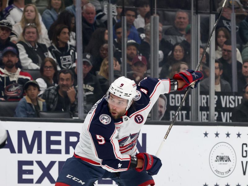 Nov 9, 2024; Los Angeles, California, USA; Columbus Blue Jackets defenseman Ivan Provorov (9) shoots during the first period against the Los Angeles Kings at Crypto.com Arena. Mandatory Credit: Jason Parkhurst-Imagn Images