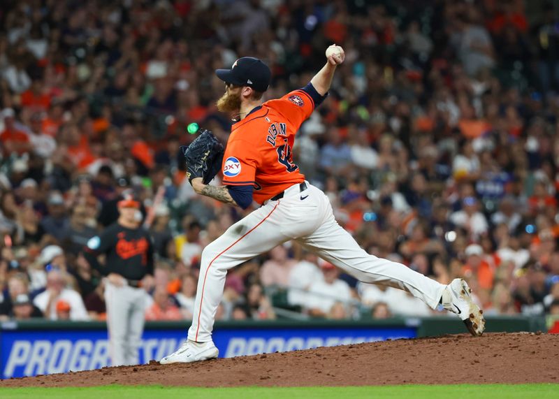 Jun 21, 2024; Houston, Texas, USA; Houston Astros relief pitcher Shawn Dubin (66) pitches agains the Baltimore Orioles in the fifth inning at Minute Maid Park. Mandatory Credit: Thomas Shea-USA TODAY Sports