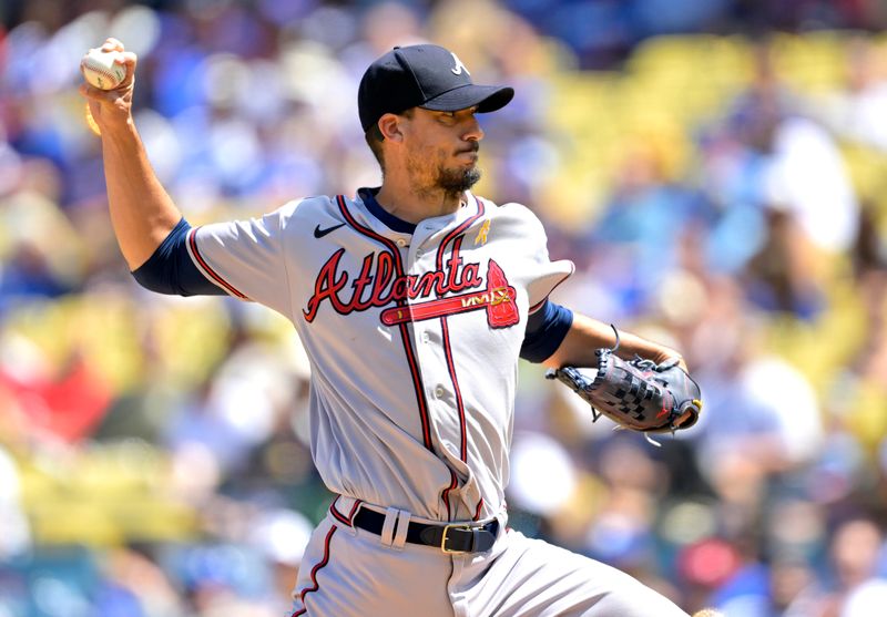 Sep 3, 2023; Los Angeles, California, USA;  Atlanta Braves starting pitcher Charlie Morton (50) delivers to the plate in the first inning against the Los Angeles Dodgers at Dodger Stadium. Mandatory Credit: Jayne Kamin-Oncea-USA TODAY Sports