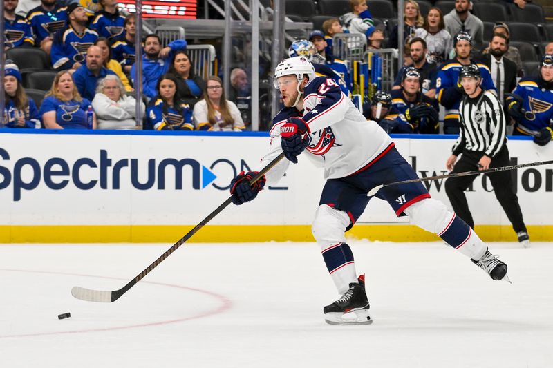 Oct 1, 2024; St. Louis, Missouri, USA;  Columbus Blue Jackets right wing Mathieu Olivier (24) shoots and scores an empty net goal against the St. Louis Blues during the third period at Enterprise Center. Mandatory Credit: Jeff Curry-Imagn Images