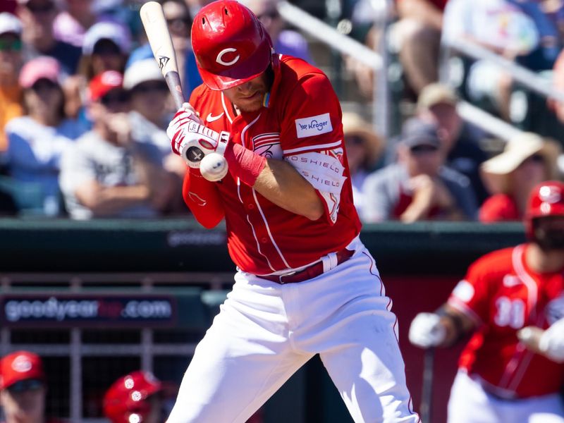 Mar 20, 2024; Goodyear, Arizona, USA; Cincinnati Reds batter Tyler Stephenson is hit by a pitch against the Texas Rangers during a spring training baseball game at Goodyear Ballpark. Mandatory Credit: Mark J. Rebilas-USA TODAY Sports