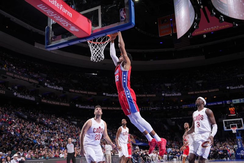 PHILADELPHIA, PA - FEBRUARY 23: Tobias Harris #12 of the Philadelphia 76ers dunks the ball during the game against the Cleveland Cavaliers on February 23, 2024 at the Wells Fargo Center in Philadelphia, Pennsylvania NOTE TO USER: User expressly acknowledges and agrees that, by downloading and/or using this Photograph, user is consenting to the terms and conditions of the Getty Images License Agreement. Mandatory Copyright Notice: Copyright 2024 NBAE (Photo by Jesse D. Garrabrant/NBAE via Getty Images)