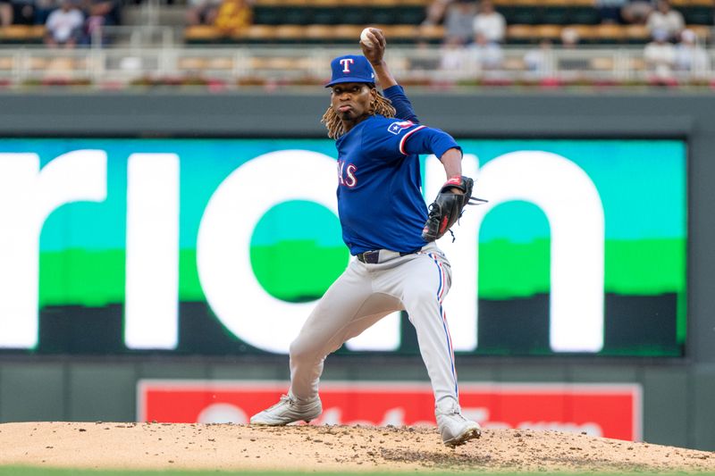 May 24, 2024; Minneapolis, Minnesota, USA; Texas Rangers pitcher Jose Urena (54) pitches to the Minnesota Twins in the fourth inning at Target Field. Mandatory Credit: Matt Blewett-USA TODAY Sports