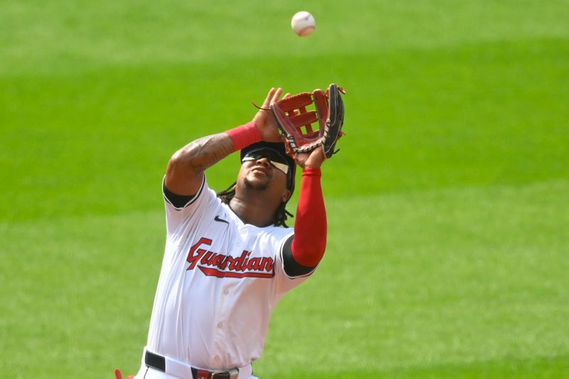 Jun 22, 2024; Cleveland, Ohio, USA; Cleveland Guardians third baseman Jose Ramirez (11) catches a pop fly ball in the second inning against the Toronto Blue Jays at Progressive Field. Mandatory Credit: David Richard-USA TODAY Sports