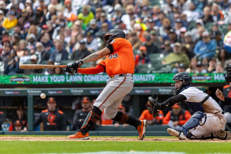 Apr 26, 2025; Detroit, Michigan, USA; Baltimore Orioles catcher Gary Sánchez (99) strikes out to end the fourth inning against the Detroit Tigers during game one of a double header at Comerica Park. Mandatory Credit: David Reginek-Imagn Images