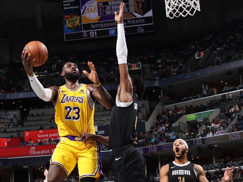 MEMPHIS, TN - MARCH 27: LeBron James #23 of the Los Angeles Lakers drives to the basket during the game against the Memphis Grizzlies on March 27, 2024 at FedExForum in Memphis, Tennessee. NOTE TO USER: User expressly acknowledges and agrees that, by downloading and or using this photograph, User is consenting to the terms and conditions of the Getty Images License Agreement. Mandatory Copyright Notice: Copyright 2024 NBAE (Photo by Joe Murphy/NBAE via Getty Images)