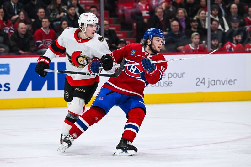 Jan 23, 2024; Montreal, Quebec, CAN; Ottawa Senators center Ridly Greig (71) plays for position against Montreal Canadiens right wing Joshua Roy (89) during the second period at Bell Centre. Mandatory Credit: David Kirouac-USA TODAY Sports