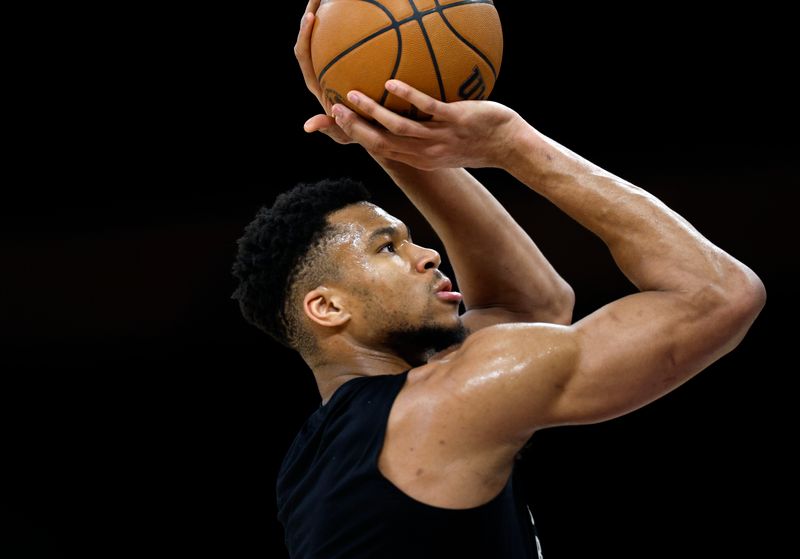 LOS ANGELES, CALIFORNIA - MARCH 8: Giannis Antetokounmpo #34 of the Milwaukee Bucks warms up before the game against Los Angeles Lakers at Crypto.com Arena on March 8, 2024 in Los Angeles, California. NOTE TO USER: User expressly acknowledges and agrees that, by downloading and or using this photograph, User is consenting to the terms and conditions of the Getty Images License Agreement. (Photo by Kevork Djansezian/Getty Images)