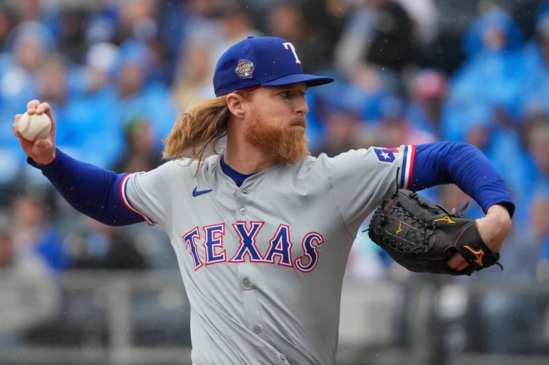 May 5, 2024; Kansas City, Missouri, USA; Texas Rangers pitcher Jon Gray (22) delivers a pitch against the Kansas City Royals in the first inning at Kauffman Stadium. Mandatory Credit: Denny Medley-USA TODAY Sports