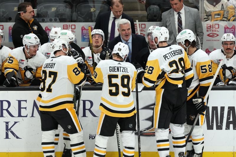 Nov 7, 2023; Anaheim, California, USA; Pittsburgh Penguins head coach Mike Sullivan addresses his team during a time out during the third period against the Anaheim Ducks at Honda Center. Mandatory Credit: Kiyoshi Mio-USA TODAY Sports