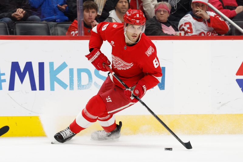 Jan 18, 2026; Detroit, Michigan, USA;  Detroit Red Wings defenseman Ben Chiarot (8) skates with the puck in the second period against the Ottawa Senators at Little Caesars Arena. Mandatory Credit: Rick Osentoski-Imagn Images