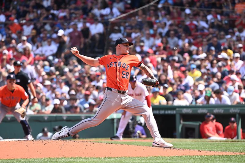 Aug 11, 2024; Boston, Massachusetts, USA; Houston Astros starting pitcher Hunter Brown (58) pitches against the Boston Red Sox during the second inning at Fenway Park. Mandatory Credit: Eric Canha-USA TODAY Sports