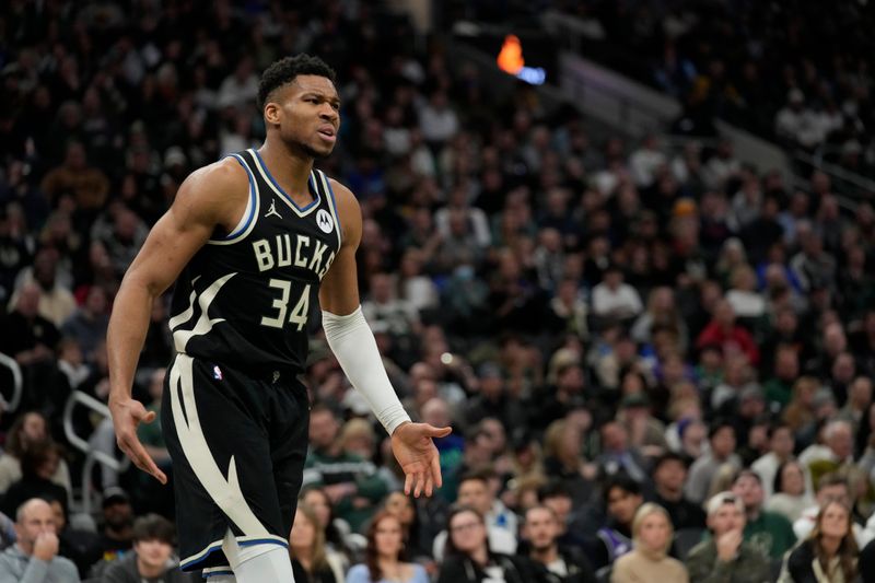 MILWAUKEE, WISCONSIN - JANUARY 13: Giannis Antetokounmpo #34 of the Milwaukee Bucks reacts in the second half against the Golden State Warriors at Fiserv Forum on January 13, 2024 in Milwaukee, Wisconsin. NOTE TO USER: User expressly acknowledges and agrees that, by downloading and or using this photograph, User is consenting to the terms and conditions of the Getty Images License Agreement. (Photo by Patrick McDermott/Getty Images)