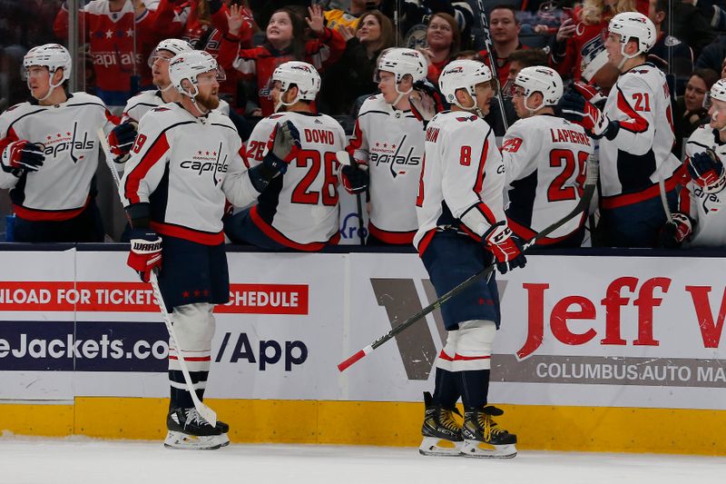 Dec 21, 2023; Columbus, Ohio, USA; Washington Capitals right wing Anthony Mantha (39) celebrates his goal against the Columbus Blue Jackets during the first period at Nationwide Arena. Mandatory Credit: Russell LaBounty-USA TODAY Sports