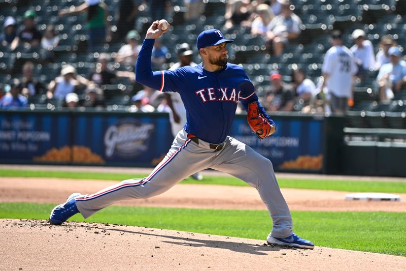 Aug 29, 2024; Chicago, Illinois, USA;  Texas Rangers pitcher Nathan Eovaldi (17) delivers against the Chicago White Sox during the first inning at Guaranteed Rate Field. Mandatory Credit: Matt Marton-USA TODAY Sports