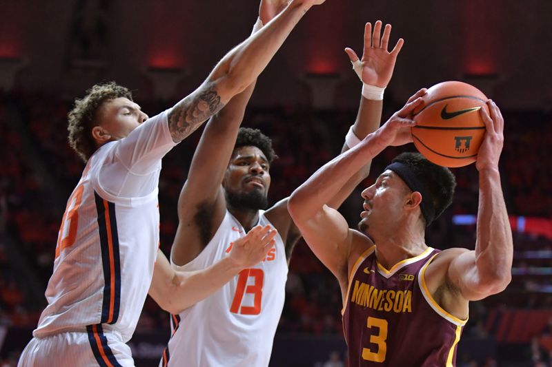 Feb 28, 2024; Champaign, Illinois, USA; Illinois Fighting Illini forward Coleman Hawkins (33) and Quincy Guerrier (13) pressure Minnesota Golden Gophers forward Dawson Garcia (3) during the second half at State Farm Center. Mandatory Credit: Ron Johnson-USA TODAY Sports