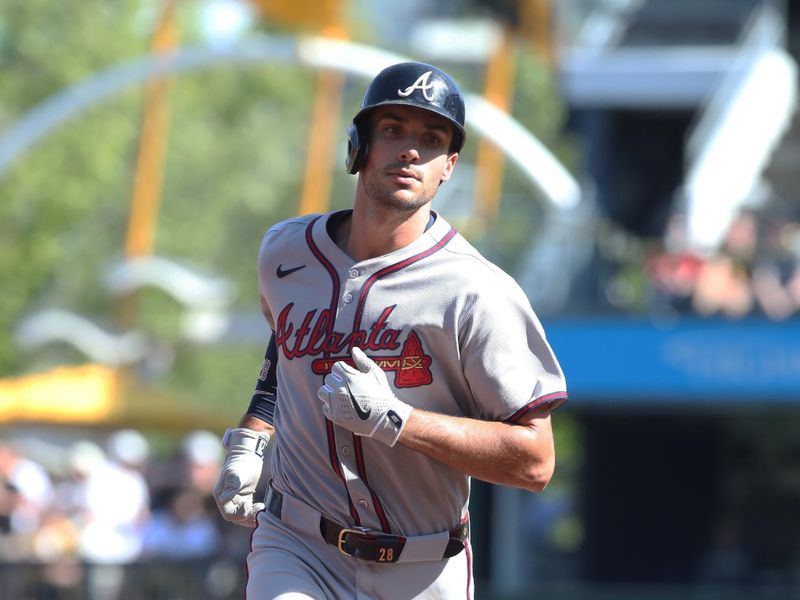 May 10, 2025; Pittsburgh, Pennsylvania, USA;  Atlanta Braves first baseman Matt Olson (28) circles the bases on a solo home run against the Pittsburgh Pirates during the third inning at PNC Park. Mandatory Credit: Charles LeClaire-Imagn Images