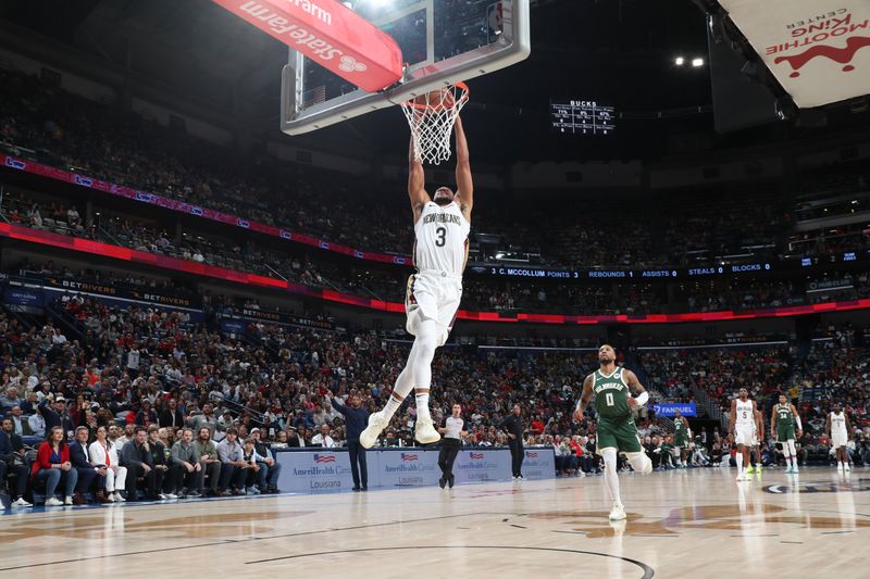 NEW ORLEANS, LA - MARCH 28: CJ McCollum #3 of the New Orleans Pelicans goes to the basket during the game on March 28, 2024 at the Smoothie King Center in New Orleans, Louisiana. NOTE TO USER: User expressly acknowledges and agrees that, by downloading and or using this Photograph, user is consenting to the terms and conditions of the Getty Images License Agreement. Mandatory Copyright Notice: Copyright 2024 NBAE (Photo by Layne Murdoch Jr./NBAE via Getty Images)