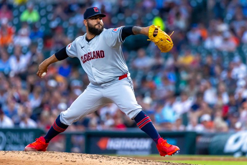 Jul 29, 2024; Detroit, Michigan, USA; Cleveland Guardians pitcher Pedro Avila (60) delivers in the eighth inning against the Detroit Tigers at Comerica Park. Mandatory Credit: David Reginek-USA TODAY Sports