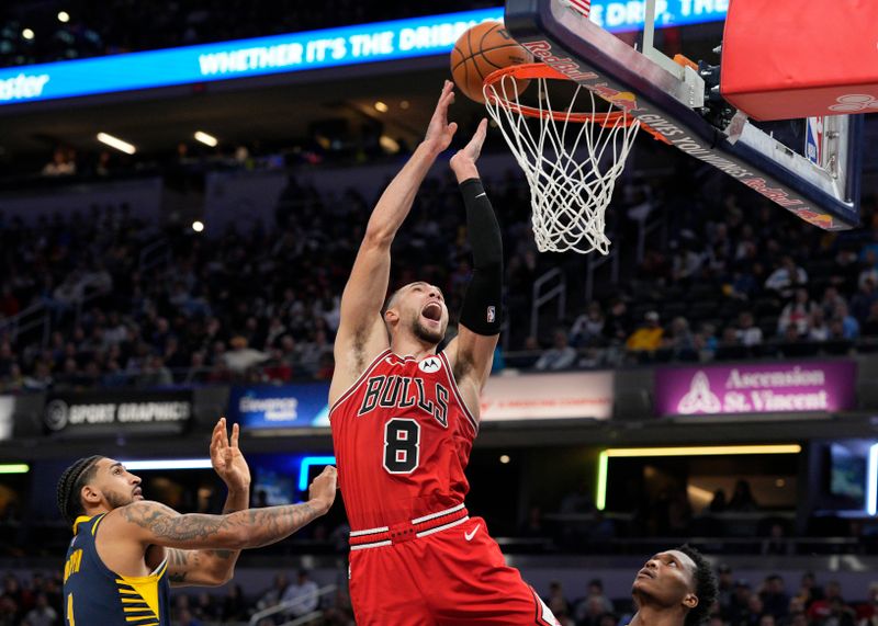 INDIANAPOLIS, INDIANA - JANUARY 08: Zach LaVine #8 of the Chicago Bulls dunks during an NBA basketball game against the Indiana Pacers at Gainbridge Fieldhouse on January 08, 2025 in Indianapolis, Indiana. NOTE TO USER: User expressly acknowledges and agrees that, by downloading and or using this Photograph, user is consenting to the terms and conditions of the Getty Images License Agreement. (Photo by Jeff Dean/Getty Images)