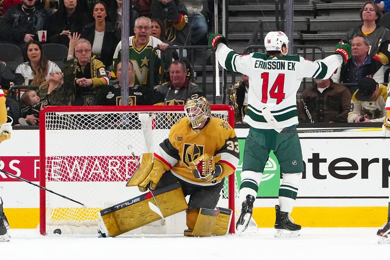 Feb 12, 2024; Las Vegas, Nevada, USA; Minnesota Wild center Joel Eriksson Ek (14) celebrates after scoring a goal against Vegas Golden Knights goaltender Adin Hill (33) during the first period at T-Mobile Arena. Mandatory Credit: Stephen R. Sylvanie-USA TODAY Sports