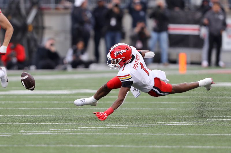 Oct 7, 2023; Columbus, Ohio, USA;  Maryland Terrapins wide receiver Kaden Prather (1) loses the football during the second quarter against the Ohio State Buckeyes at Ohio Stadium. Mandatory Credit: Joseph Maiorana-USA TODAY Sports