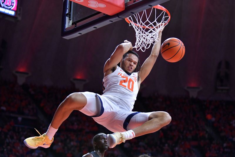 Jan 21, 2024; Champaign, Illinois, USA; Illinois Fighting Illini forward Ty Rodgers (20) dunks the ball during the first half against the Rutgers Scarlet Knights at State Farm Center. Mandatory Credit: Ron Johnson-USA TODAY Sports