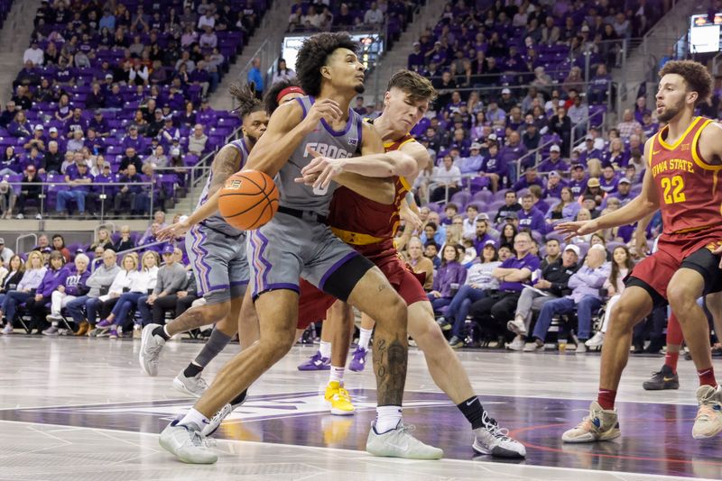 Jan 7, 2023; Fort Worth, Texas, USA; TCU Horned Frogs guard Micah Peavy (0) is fouled by Iowa State Cyclones guard Caleb Grill (2) during the first half at Ed and Rae Schollmaier Arena. Mandatory Credit: Andrew Dieb-USA TODAY Sports