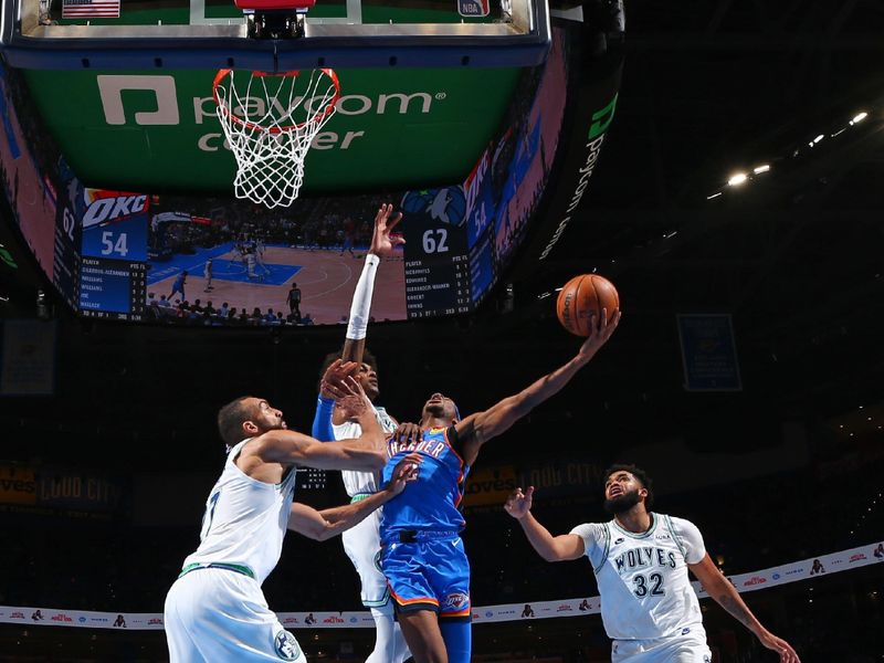 OKLAHOMA CITY, OK - JANUARY 29: Shai Gilgeous-Alexander #2 of the Oklahoma City Thunder drives to the basket during the game against the Minnesota Timberwolves on January 29, 2024 at Paycom Arena in Oklahoma City, Oklahoma. NOTE TO USER: User expressly acknowledges and agrees that, by downloading and or using this photograph, User is consenting to the terms and conditions of the Getty Images License Agreement. Mandatory Copyright Notice: Copyright 2024 NBAE (Photo by Zach Beeker/NBAE via Getty Images)