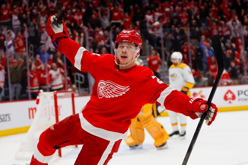 Dec 29, 2023; Detroit, Michigan, USA; Detroit Red Wings left wing Lucas Raymond (23) celebrates his game winning shot during the an overtime period of the game between the Detroit Red Wings and the Nashville Predators at Little Caesars Arena. Mandatory Credit: Brian Bradshaw Sevald-USA TODAY Sports