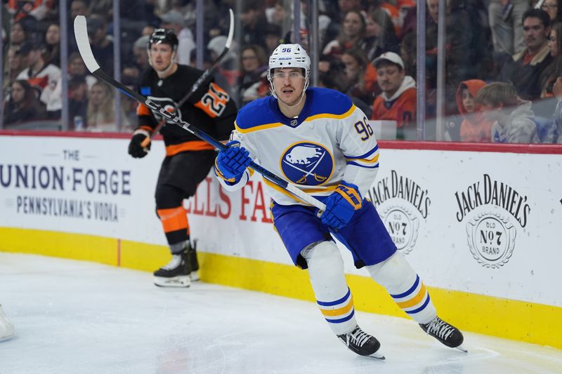 Nov 16, 2024; Philadelphia, Pennsylvania, USA; Buffalo Sabres right wing Nicolas Aube-Kubel (96) in action against the Philadelphia Flyers in the second period at Wells Fargo Center. Mandatory Credit: Kyle Ross-Imagn Images