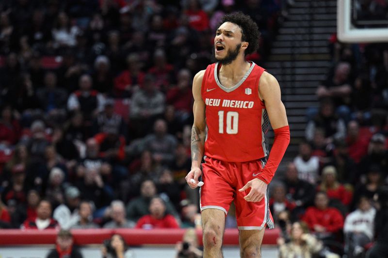 Jan 14, 2023; San Diego, California, USA; New Mexico Lobos guard Jaelen House (10) reacts after a basket against the San Diego State Aztecs during the second half at Viejas Arena. Mandatory Credit: Orlando Ramirez-USA TODAY Sports