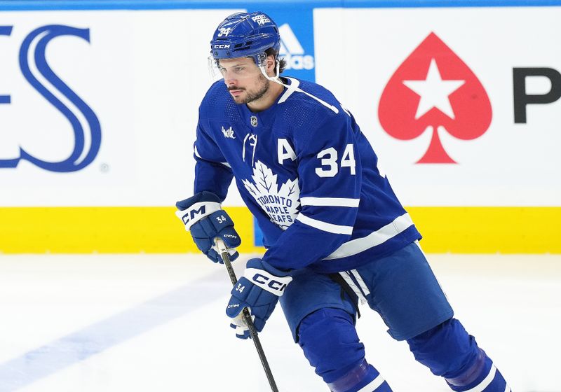 Mar 6, 2024; Toronto, Ontario, CAN; Toronto Maple Leafs center Auston Matthews (34) skates during the warmup before a game against the Buffalo Sabres at Scotiabank Arena. Mandatory Credit: Nick Turchiaro-USA TODAY Sports