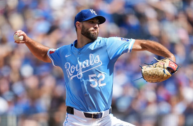 Sep 2, 2024; Kansas City, Missouri, USA; Kansas City Royals starting pitcher Michael Wacha (52) pitches during the first inning against the Cleveland Guardians at Kauffman Stadium. Mandatory Credit: Jay Biggerstaff-USA TODAY Sports