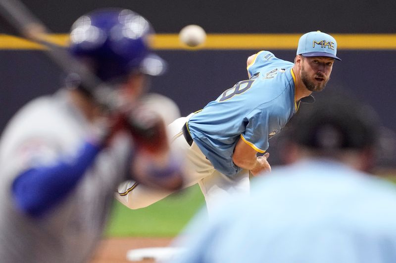 Jun 28, 2024; Milwaukee, Wisconsin, USA;  Milwaukee Brewers pitcher Colin Rea (48) throws a pitch during the first inning against the Chicago Cubs at American Family Field. Mandatory Credit: Jeff Hanisch-USA TODAY Sports