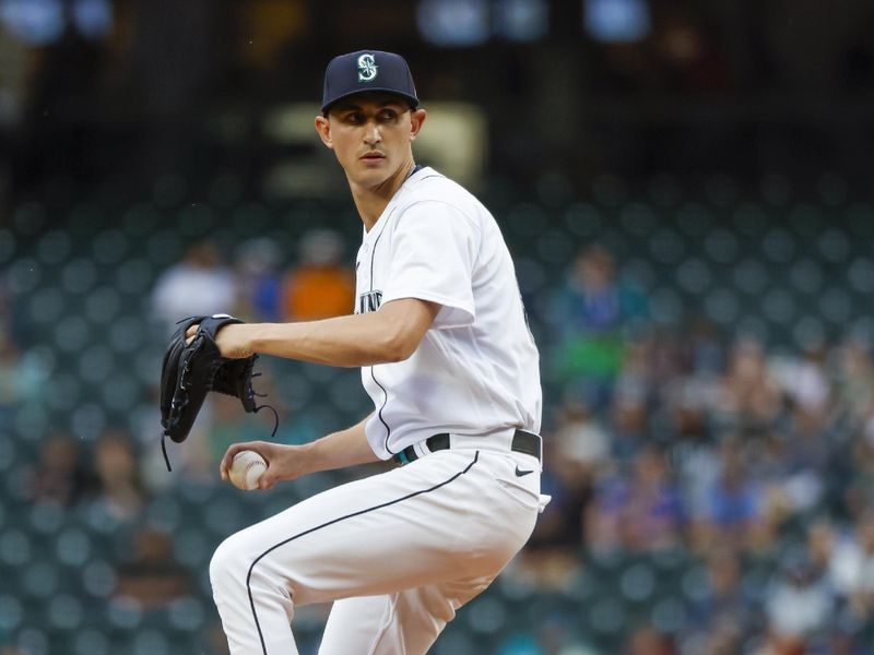 Jun 13, 2023; Seattle, Washington, USA; Seattle Mariners starting pitcher George Kirby (68) throws against the Miami Marlins during the third inning at T-Mobile Park. Mandatory Credit: Joe Nicholson-USA TODAY Sports